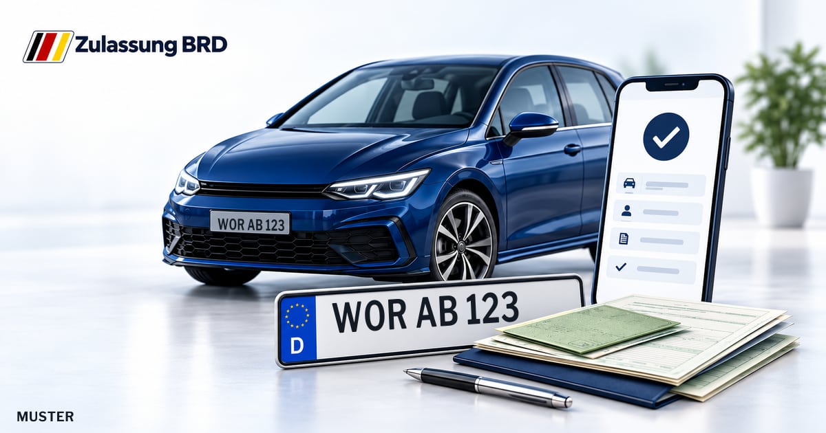 Online Fahrzeugzulassung in Geretsried: Musterkennzeichen WOR AB 123, Auto und Fahrzeugpapiere und Smartphone. Illustration mit Logo von Zulassung BRD.